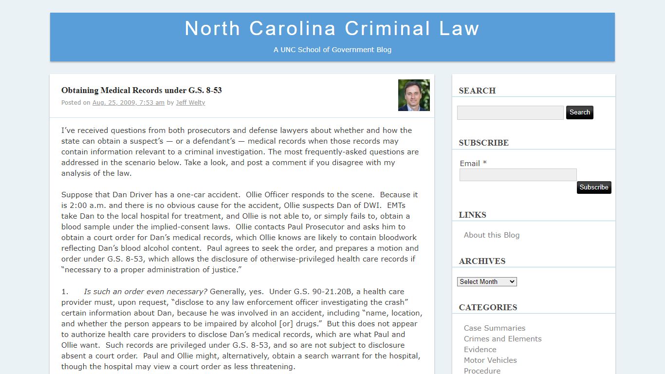 Obtaining Medical Records under G.S. 8-53North Carolina Criminal Law